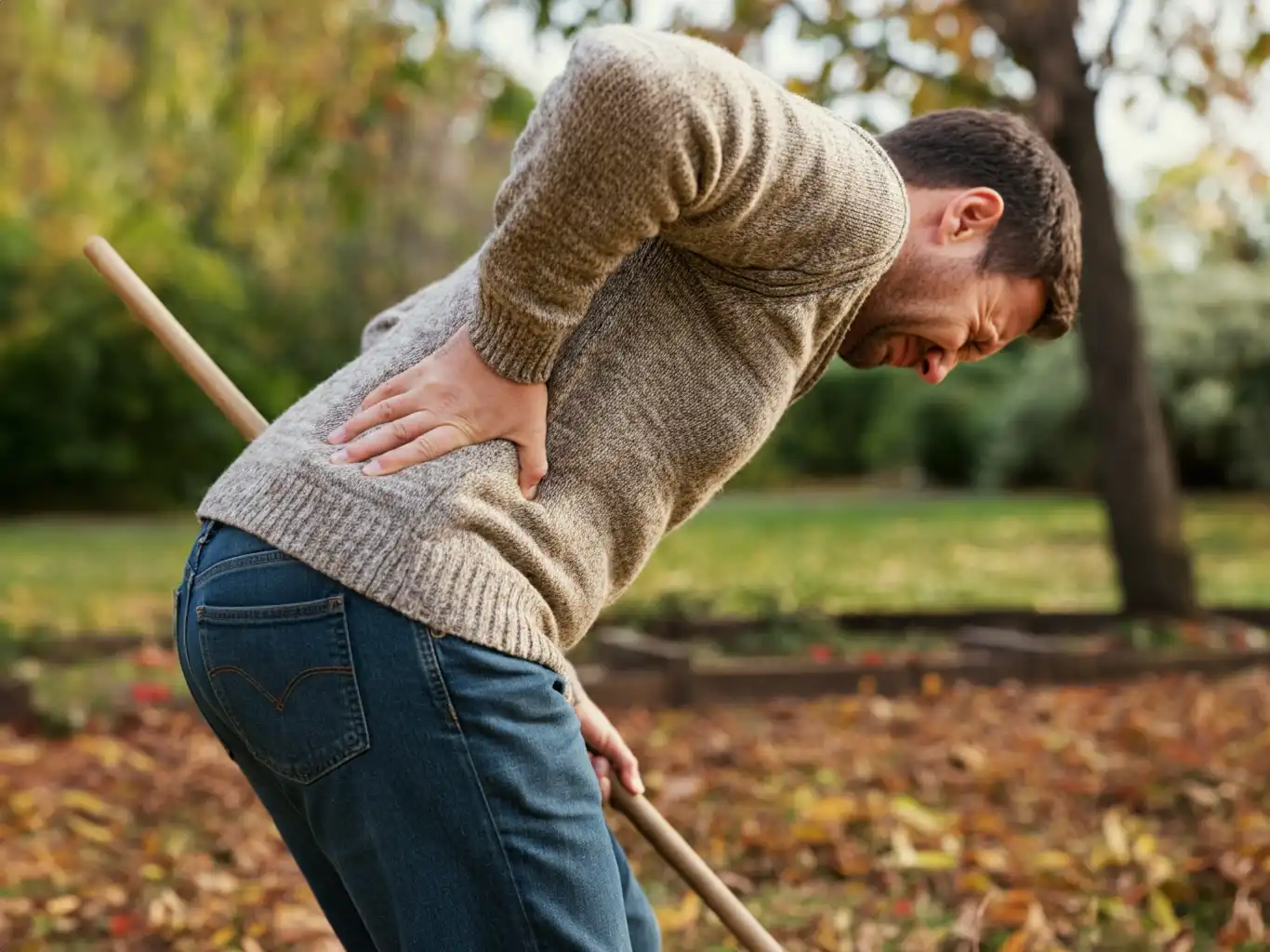 Man holding his lower back in pain while raking autumn leaves